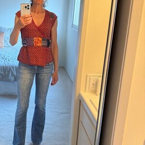 Vintage Free People Bohemian Wrap Top with Patchwork Belt Size Small